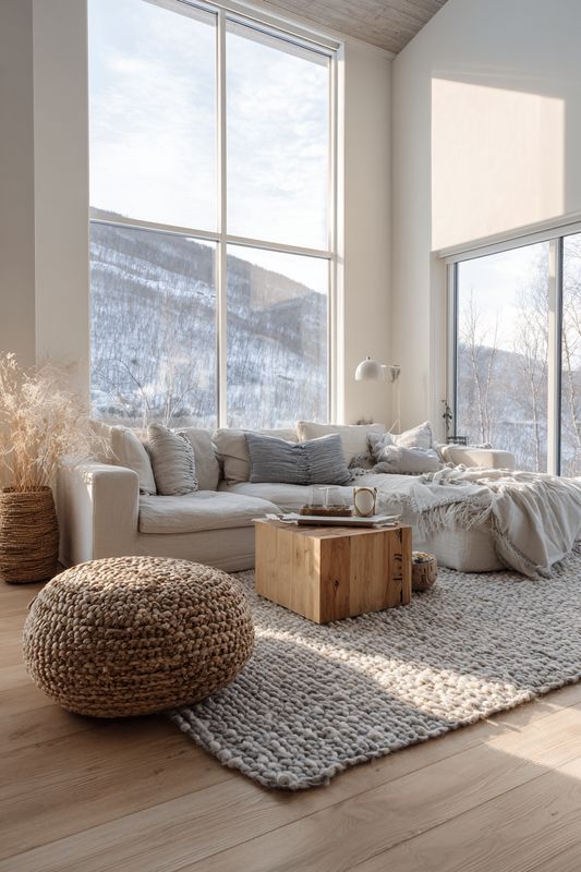 Cozy living room with large windows, rustic decor, comfy couch, knit rug, and mountain view. Nordic interior design inspiration.