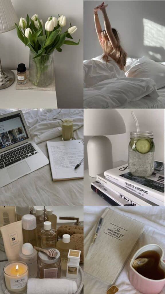 Clean girl aesthetics Cozy morning vibes: fresh tulips, stretching in bed, a laptop with coffee, books, spa essentials, and a journal by tea. - Handy Home Cozy morning vibes: fresh tulips, stretching in bed, a laptop with coffee, books, spa essentials, and a journal by tea.