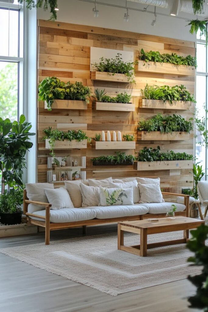 Modern living room with a wooden vertical garden wall, cozy white sofa, and minimalist decor. Perfect for nature-inspired interiors.