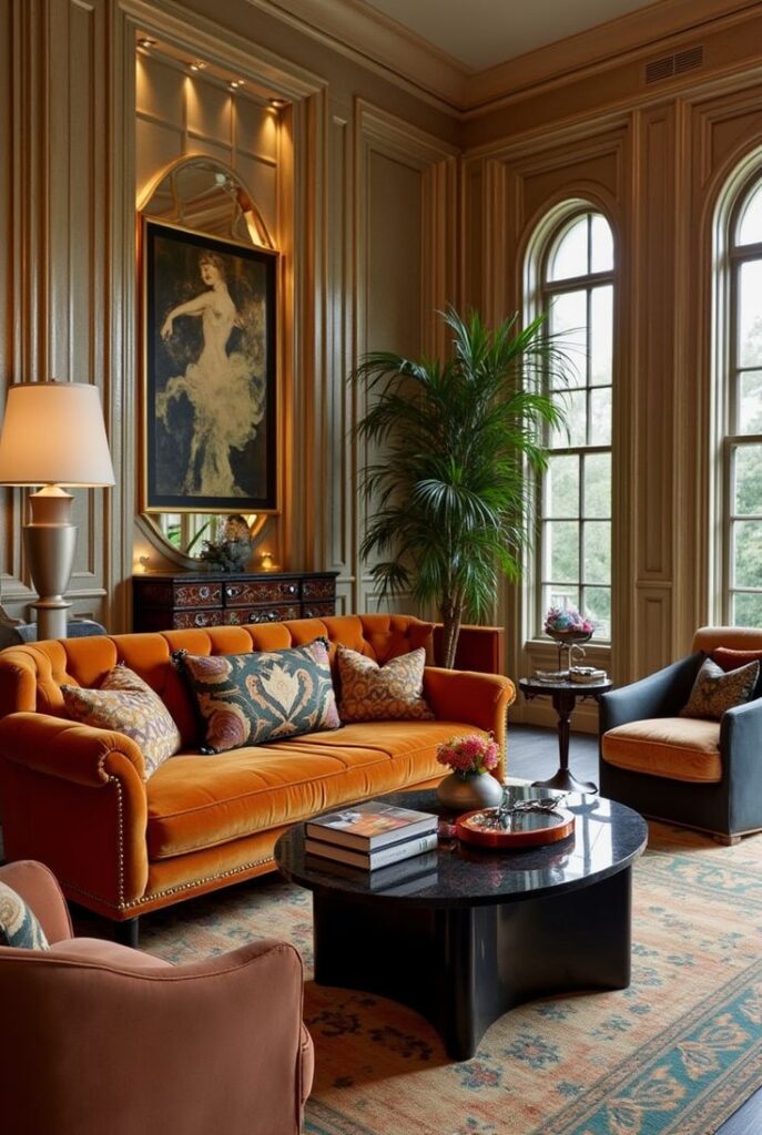 Elegant living room with orange velvet sofa, stylish pillows, art decor, large windows, and lush green plant, creating cozy ambiance.