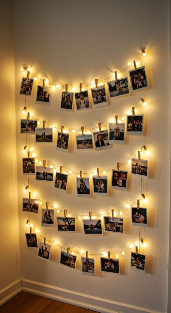 String lights displaying photos on a wall, creating a cozy and personal decoration. Perfect for home decor inspiration.