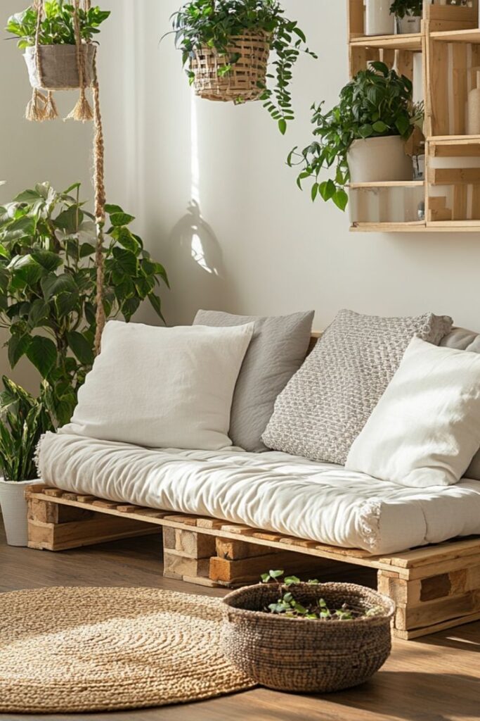 Cozy living room with wooden pallet sofa, white cushions, hanging plants, and sunlit wooden floor. Eco-friendly home decor.