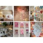Collage of cozy home decor: bedroom with lights, wall art, vibrant posters, and inspirational quotes, enhancing living spaces.