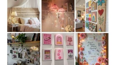 Collage of cozy home decor: bedroom with lights, wall art, vibrant posters, and inspirational quotes, enhancing living spaces.