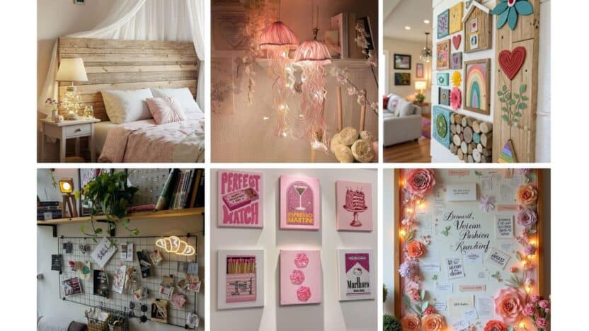 Collage of cozy home decor: bedroom with lights, wall art, vibrant posters, and inspirational quotes, enhancing living spaces.