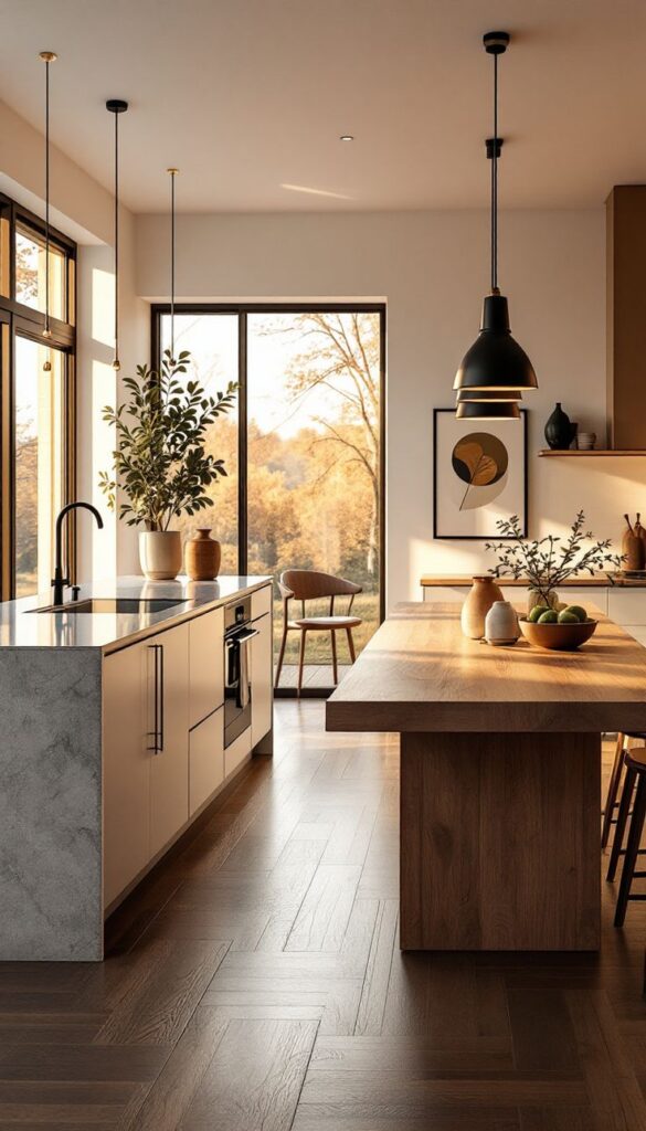 Modern kitchen with wooden island, pendant lights, and large windows overlooking autumn trees. Warm décor with plants and art.