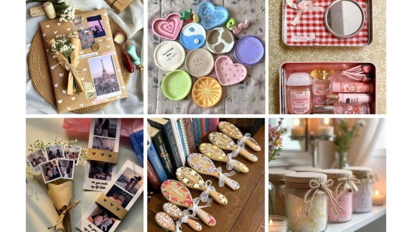 Collage of creative gift ideas: journals, candles, spa kits, brushes, photo displays, and vibrant handcrafted items. Perfect for inspiration!