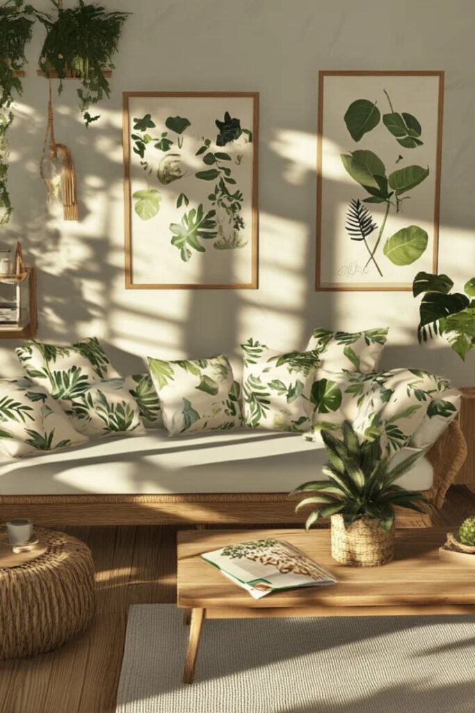 Cozy living room with botanical decor, plant-themed cushions, and framed leaf art. Sunlit space with wooden furniture and greenery.