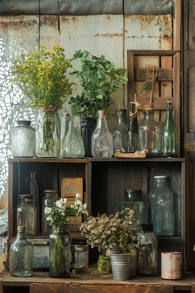 Vintage glass bottles and rustic wooden crates with fresh flowers create a charming, eclectic display.