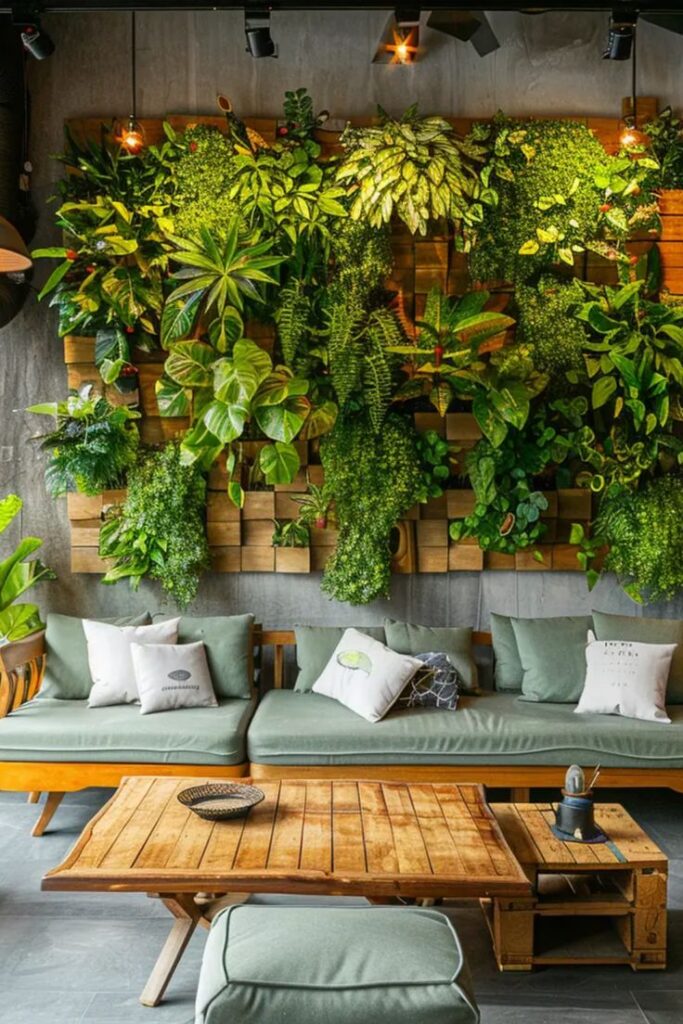 Stylish living room with a lush vertical garden wall, wooden coffee table, and cozy green sofas for a refreshing modern decor.