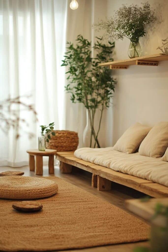 Cozy minimalist living room with wooden furniture, soft cushions, and green plants. Bright natural light and neutral tones create serenity.