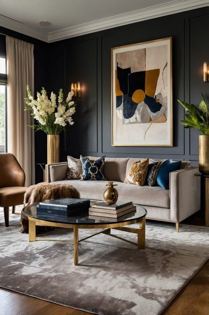 Elegant living room with dark walls, modern art, plush sofa, and gold accents. Sophisticated decor with cozy and stylish elements.