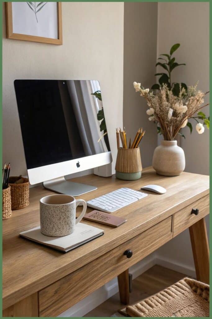 Modern home office with computer, keyboard, mouse, and coffee mug on a wooden desk, decorated with plants and stationery.