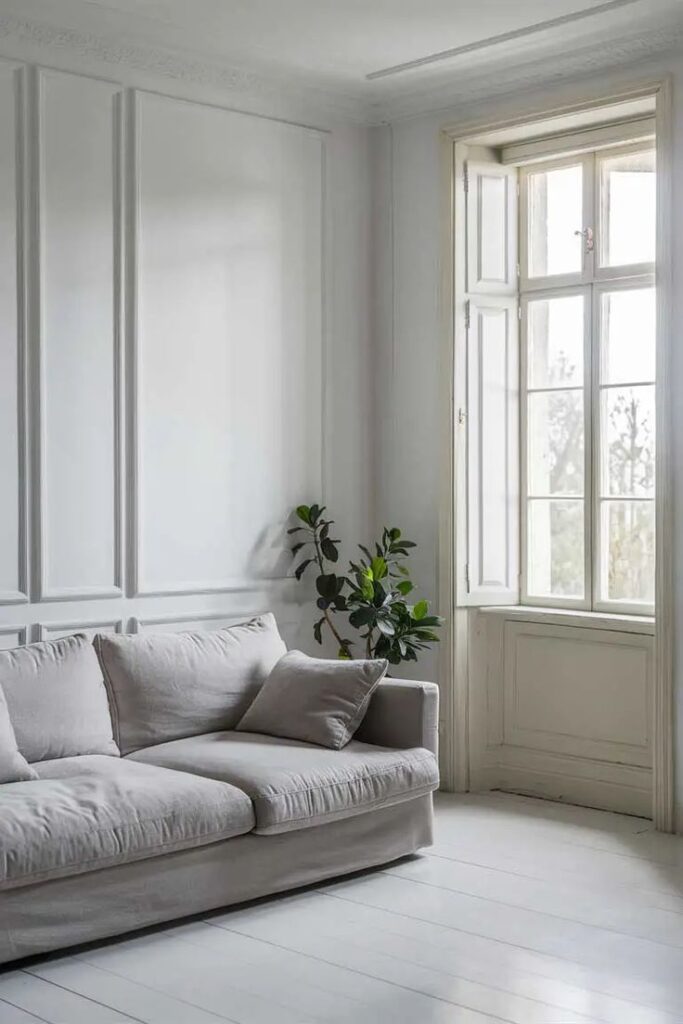 Minimalist living room with a cozy grey sofa, indoor plant, and a window letting in natural light, creating a serene ambiance.