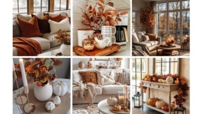 Cozy autumn home decor featuring warm tones, pumpkins, candles, and foliage, creating a serene fall atmosphere indoors.