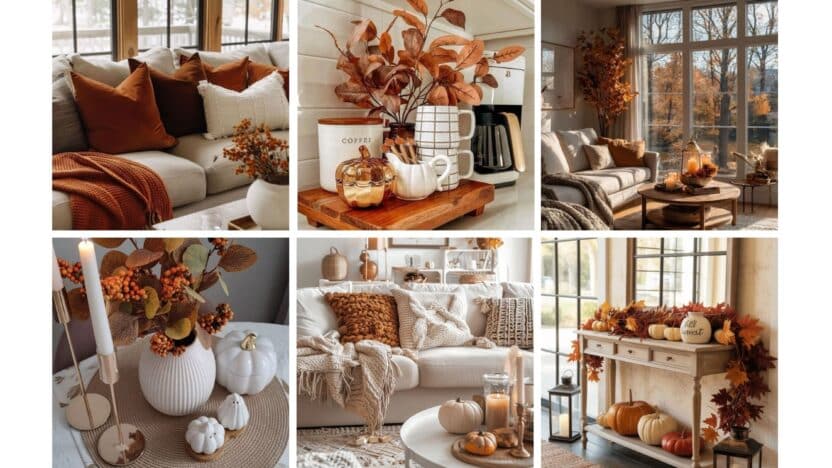 Cozy autumn home decor featuring warm tones, pumpkins, candles, and foliage, creating a serene fall atmosphere indoors.