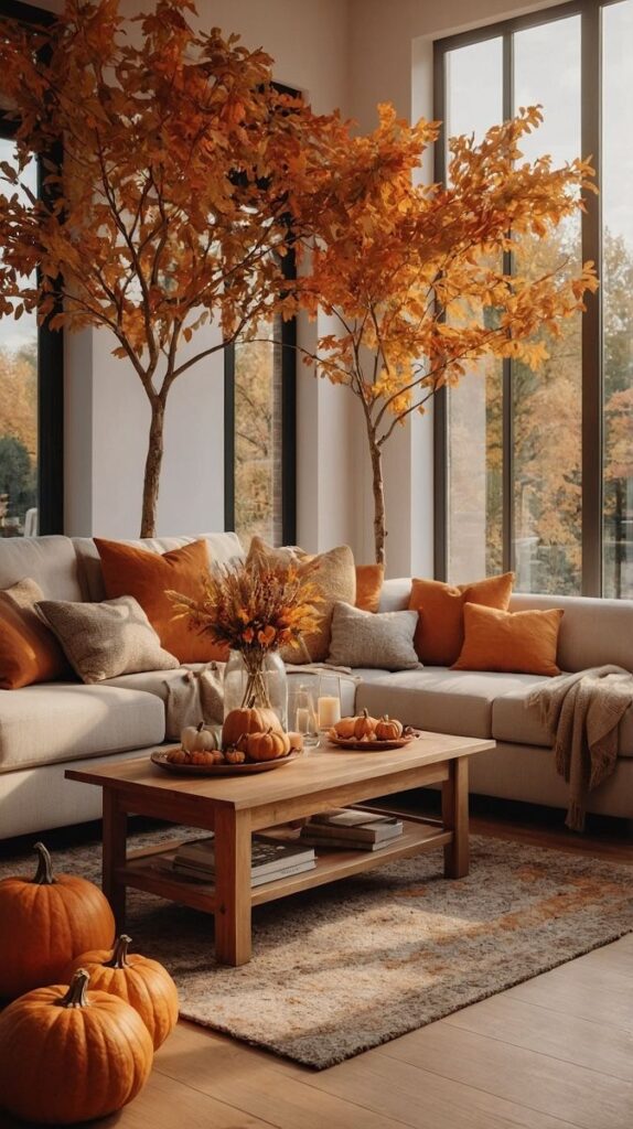 Cozy living room with autumn decor: orange pillows, candles, pumpkins on a wooden table, and fall foliage by large windows.