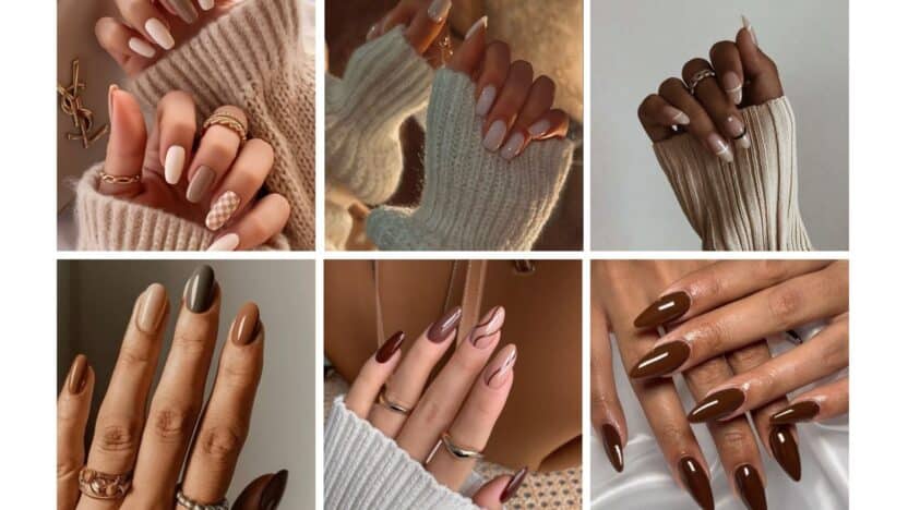 Stylish autumn-inspired nail designs with cozy sweaters and chic rings in various shades of brown and neutral tones.