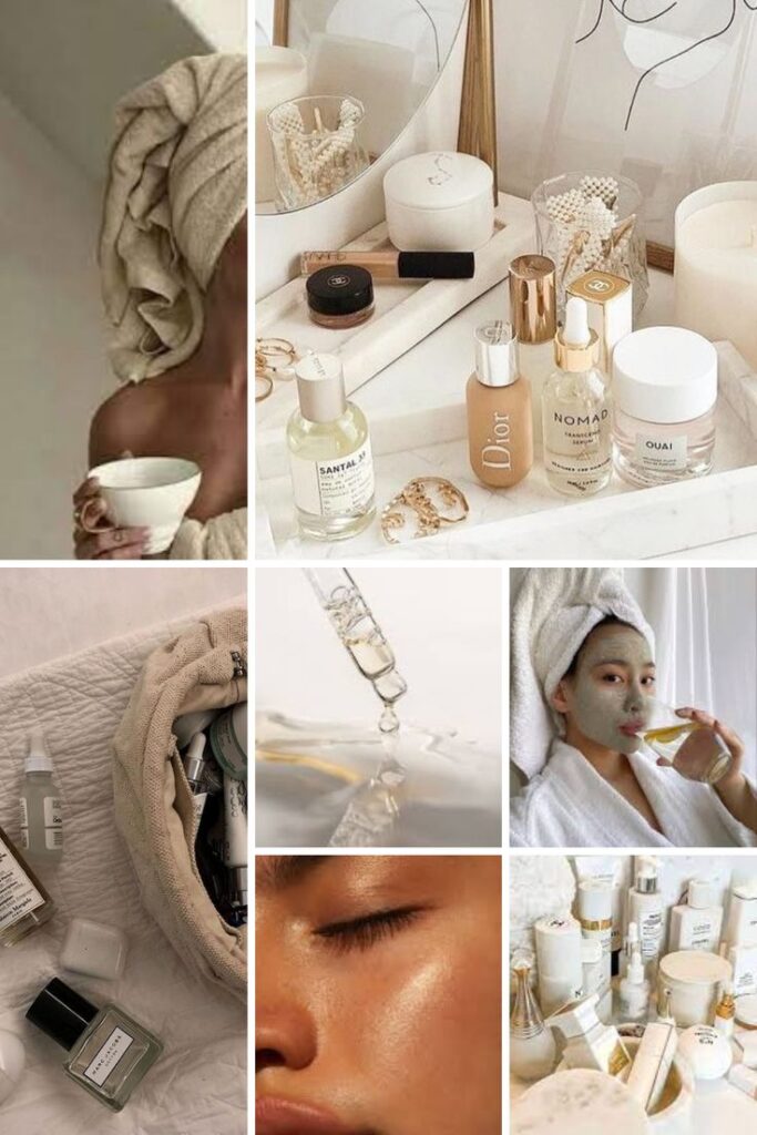 Skincare routine collage featuring face masks, serums, and luxury beauty products for a glowing complexion and self-care ritual.