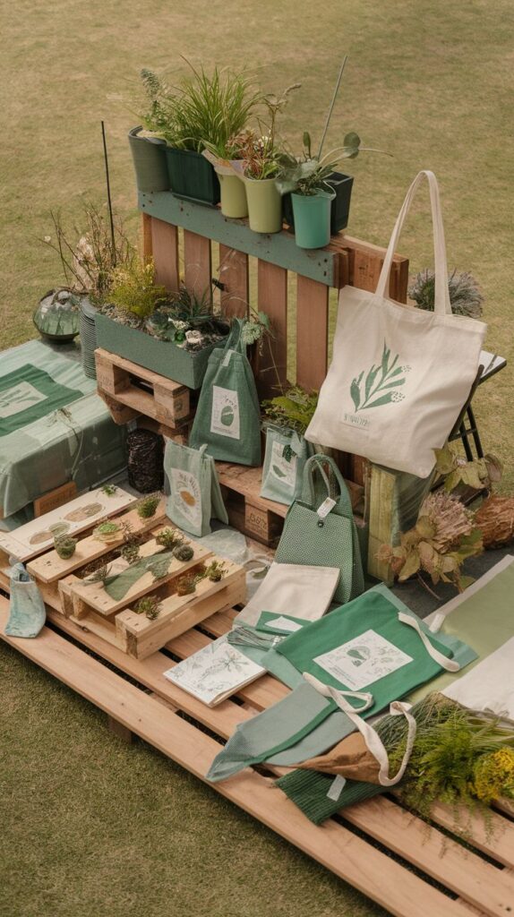 Eco-friendly display with reusable bags, potted plants, and wooden pallets on grass, promoting sustainability and green living.