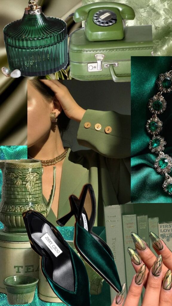 Collage of emerald green luxury items: retro phone, perfume, shoes, jewelry, fashion, and books, with vibrant nail art.