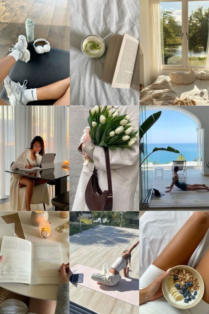 Collage of relaxing lifestyle: yoga, reading, breakfast bowls, and nature views, embodying wellness and tranquility.