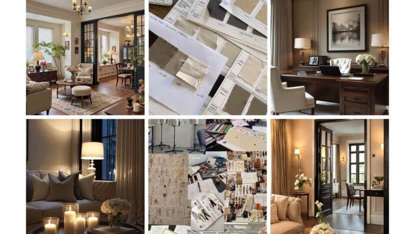 Collage of elegant interiors, swatches, and design concepts for stylish home decor inspiration.