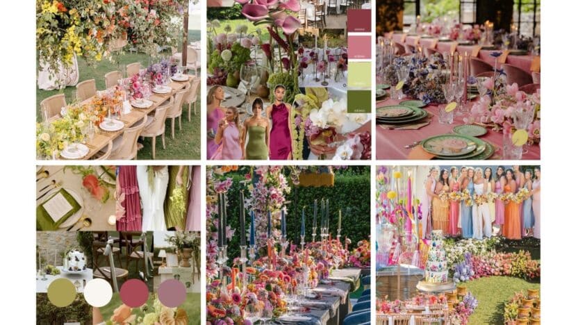 Vibrant outdoor wedding décor with colorful floral arrangements and elegantly set tablescapes, perfect for a spring celebration.