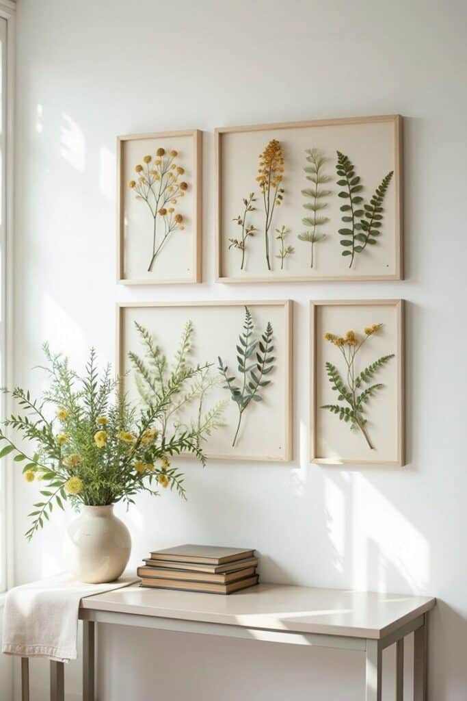 Framed botanical prints on a white wall above a table with stacked books and a vase of green and yellow flowers. Bright and airy decor.