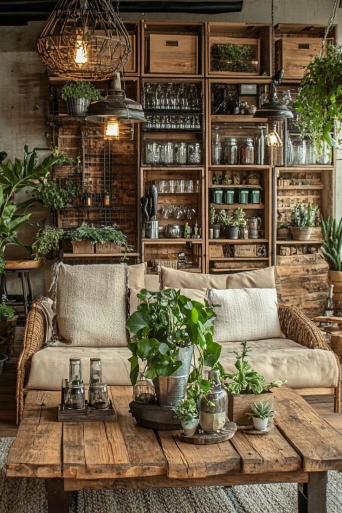 Cozy rustic living room with plants, wooden shelves, glass jars, and a vintage sofa, creating a warm and inviting atmosphere.