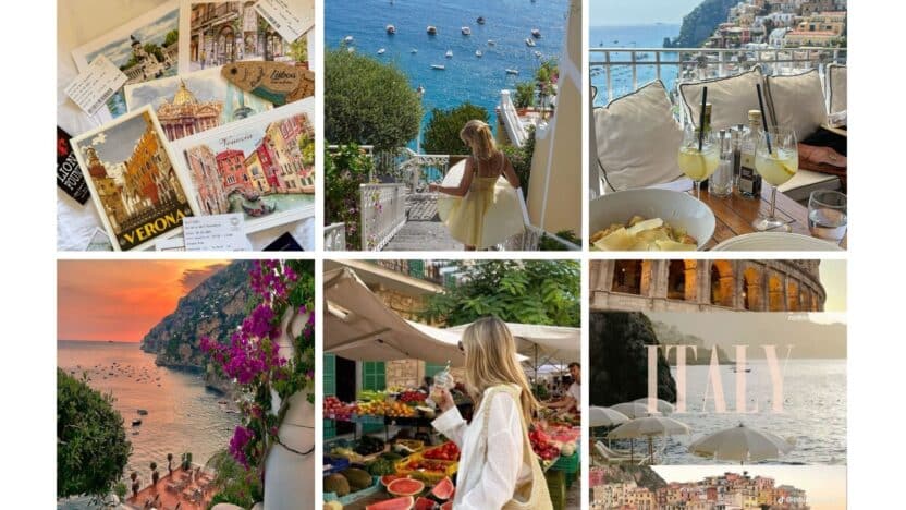 Collage of Italian travel highlights: postcards, coastal views, cuisine, and vibrant markets showcase Italy's scenic beauty and culture.