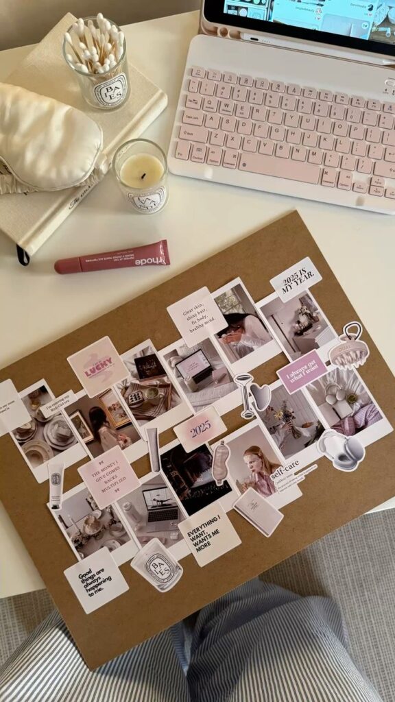 Vision board on desk with affirmations, photos, keyboard, candle, and skincare, promoting positivity and self-care for 2023.