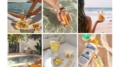 Collection of summer-themed products by the beach and poolside, including perfumes, skincare, and refreshing drinks.