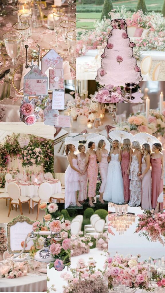 Romantic pink wedding collage with floral decor, bridesmaids in pastel dresses, elegant tables, and a tiered cake. Elegant and dreamy.