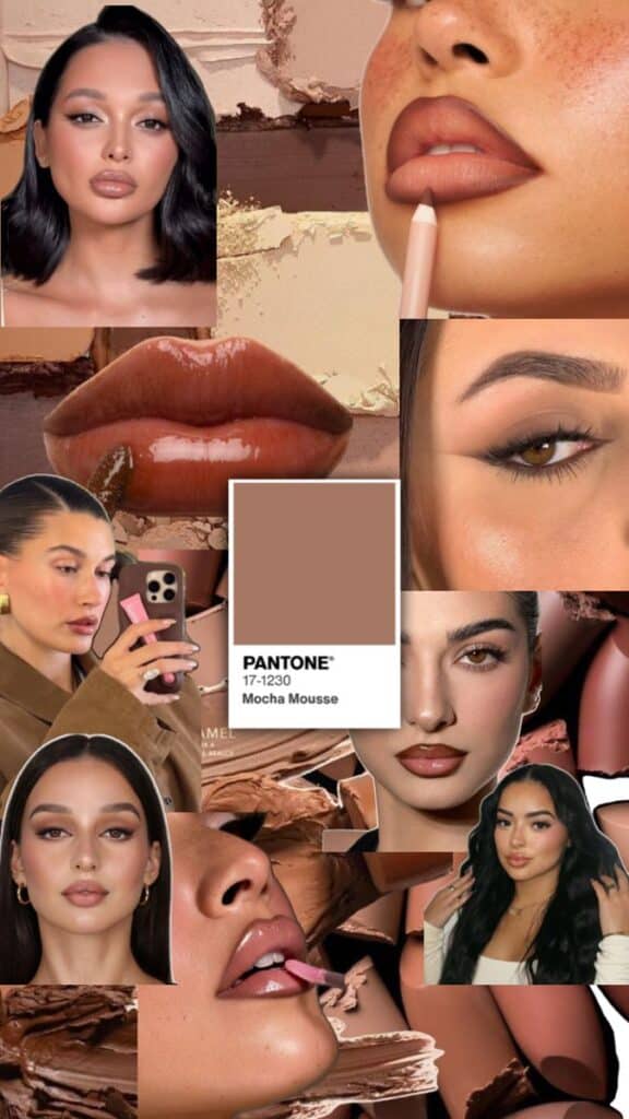 Collage featuring makeup looks inspired by Pantone 17-1230 Mocha Mousse, showcasing diverse lip styles and skin tones.