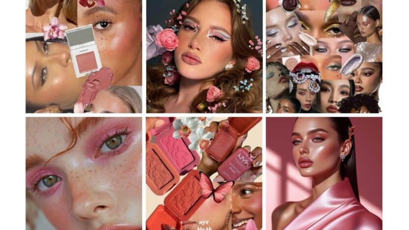 Collage of vibrant makeup looks featuring pink hues, blushes, and artistic designs; highlighting diverse styles and creativity.