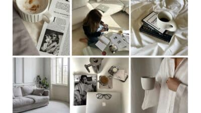 Collage of cozy lifestyle: coffee, books, laptop, woman reading, and a stylish living room. Ideal for relaxation and home inspiration.
