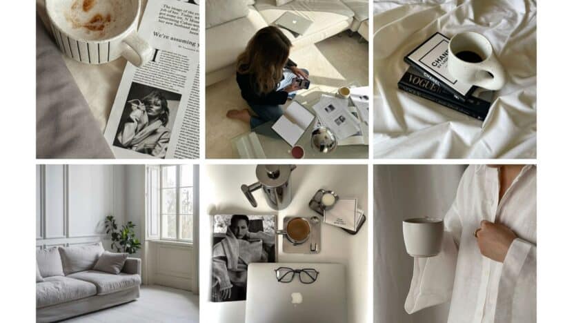 Collage of cozy lifestyle: coffee, books, laptop, woman reading, and a stylish living room. Ideal for relaxation and home inspiration.