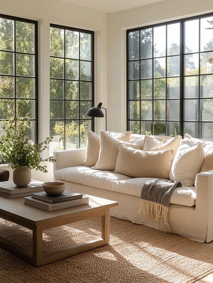 Bright living room with large windows, cozy white sofa, neutral decor, and a wooden coffee table, creating a serene and inviting space.
