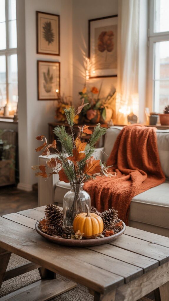 Cozy fall living room decor with pumpkin, pinecones, and autumn leaves on a rustic wooden table, warm orange throw on sofa.