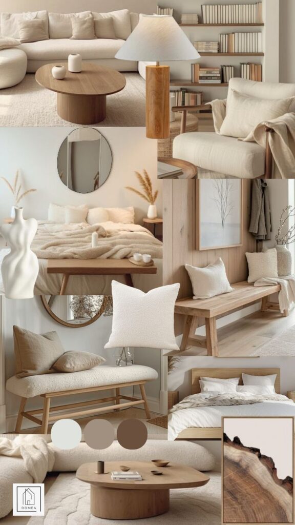 Modern neutral interior design with cozy beige tones, wooden furniture, soft textiles, and minimalist decor elements.