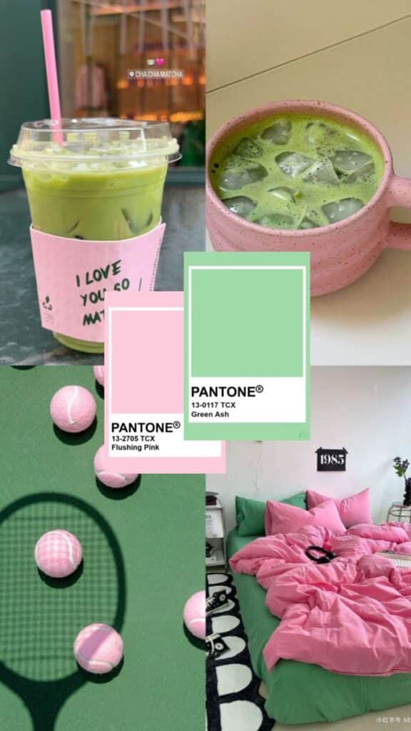 Vibrant collage of matcha drinks, pastel pink and green decor, pink tennis balls, and Pantone color swatches. Trendy color inspiration.
