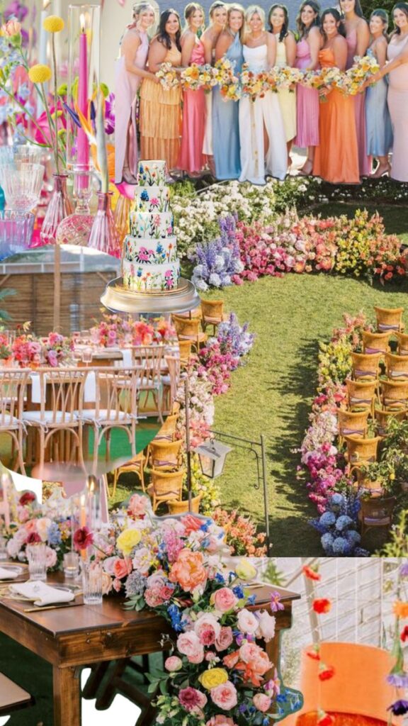 Vibrant outdoor wedding with colorful flowers, bridesmaids in pastel dresses, elegant table settings, and a floral cake.