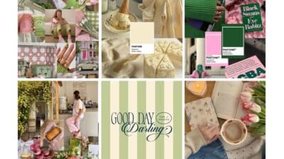 Collage of cozy lifestyle elements: fashion, Pantone colors, books, coffee, flowers, and pastries in pastel shades for inspiration.