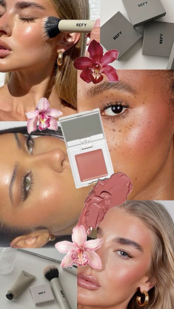 Collage showcasing Refy makeup, including brushes, blush, and glowing skin. Features vibrant floral accents for a fresh look.