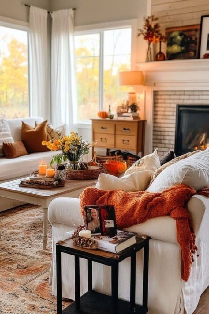 Cozy living room with autumn decor, featuring a plush sofa, warm blanket, candles, and vibrant flowers near a fireplace.