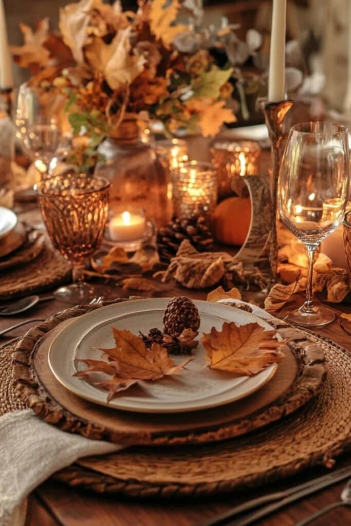 Elegant autumn table setting with pine cones, candles, and warm colors. Perfect for fall gatherings and cozy dining.