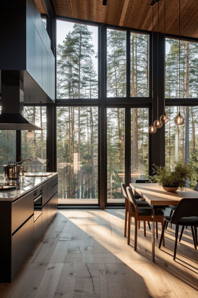 Modern kitchen with large windows showcasing a forest view, featuring sleek cabinetry, pendant lights, and a spacious dining area.