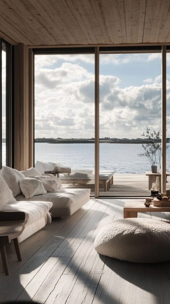 Modern lakeside living room with cozy sofas, wooden floors, and large windows offering a serene water view under a cloudy sky.