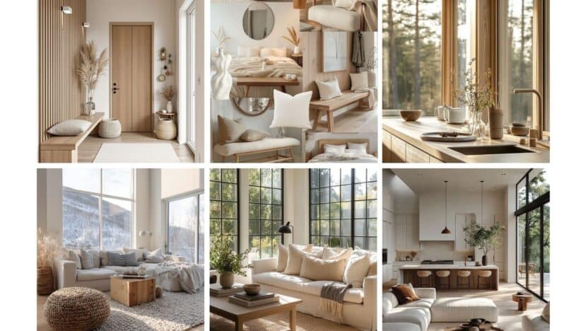 Collage of modern, minimalist interior designs with cozy living rooms, kitchen, and entryway, featuring neutral tones and natural light.
